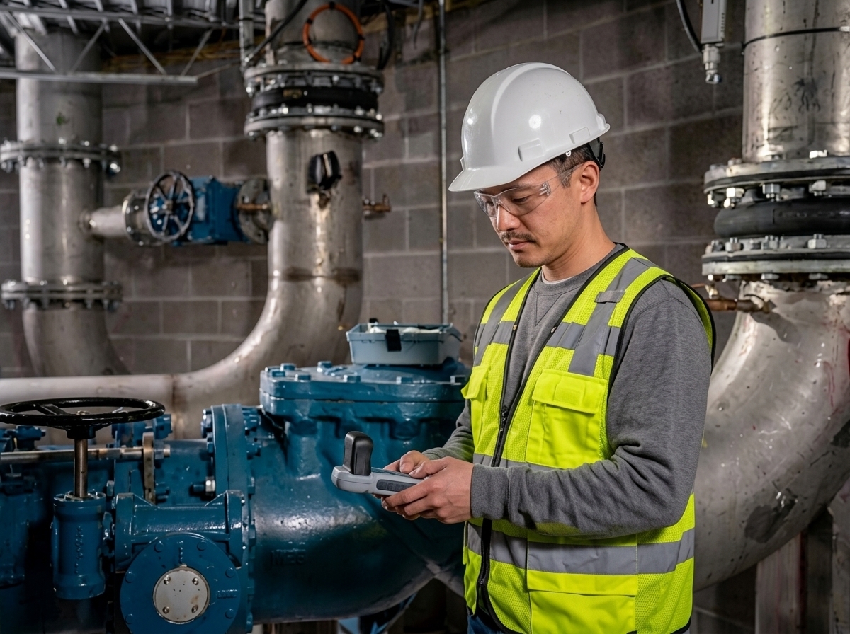 Water treatment operator using Hach DR300 Chlorine Dioxide pocket colorimeter at an industrial water treatment facility