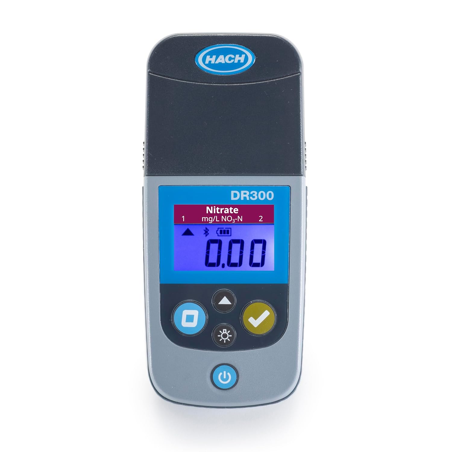 Hach DR300 Nitrate pocket colorimeter display showing mg/L NO3-N measurement with LR and HR range indicators