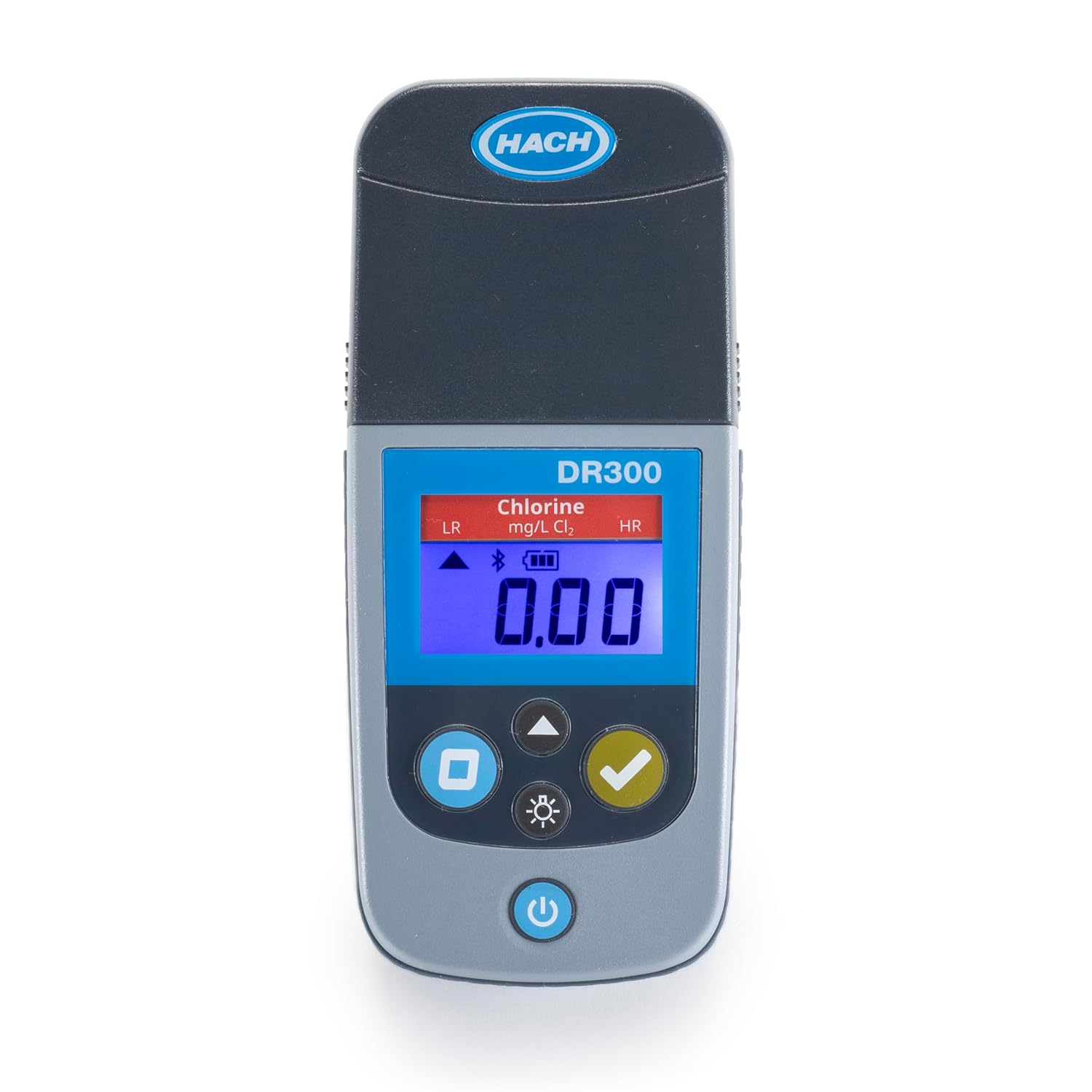 Hach DR300 Pocket Colorimeter front view showing LCD display reading 0.00 mg/L Cl2 chlorine