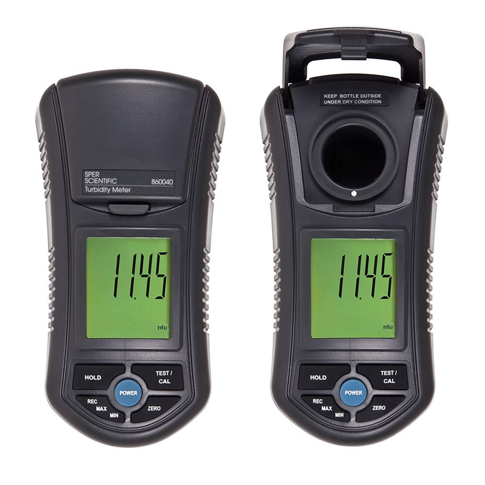 Sper Scientific 860040 Turbidity Meter — front and rear chamber view showing LCD display at 11.45 NTU