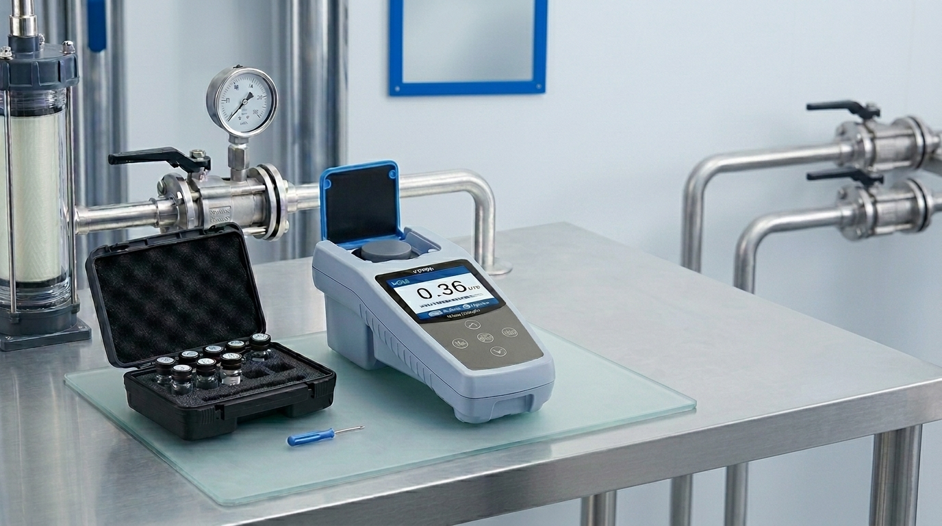 VEVOR TN1000 Turbidity Meter with hard carrying case and calibration vials on a laboratory bench